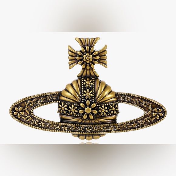 Beautiful antiqued Vivienne Westwood Vibrant Gold tone Saturn Bag Logo Brooch - Picture 3 of 3
